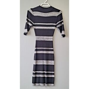Lynyo Women's Bodycon Black/SilverC Midi Dress Stretch ribbed Knit Stripe Size M
